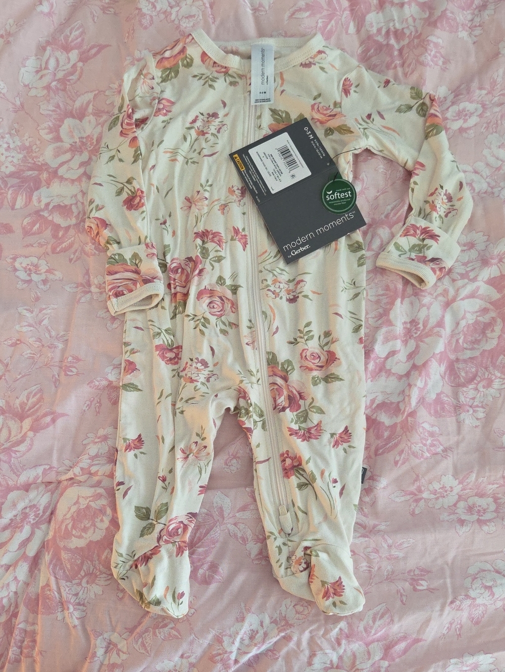 Modern Moments Cream One-Piece Footed Sleeper with Pink Rose Print